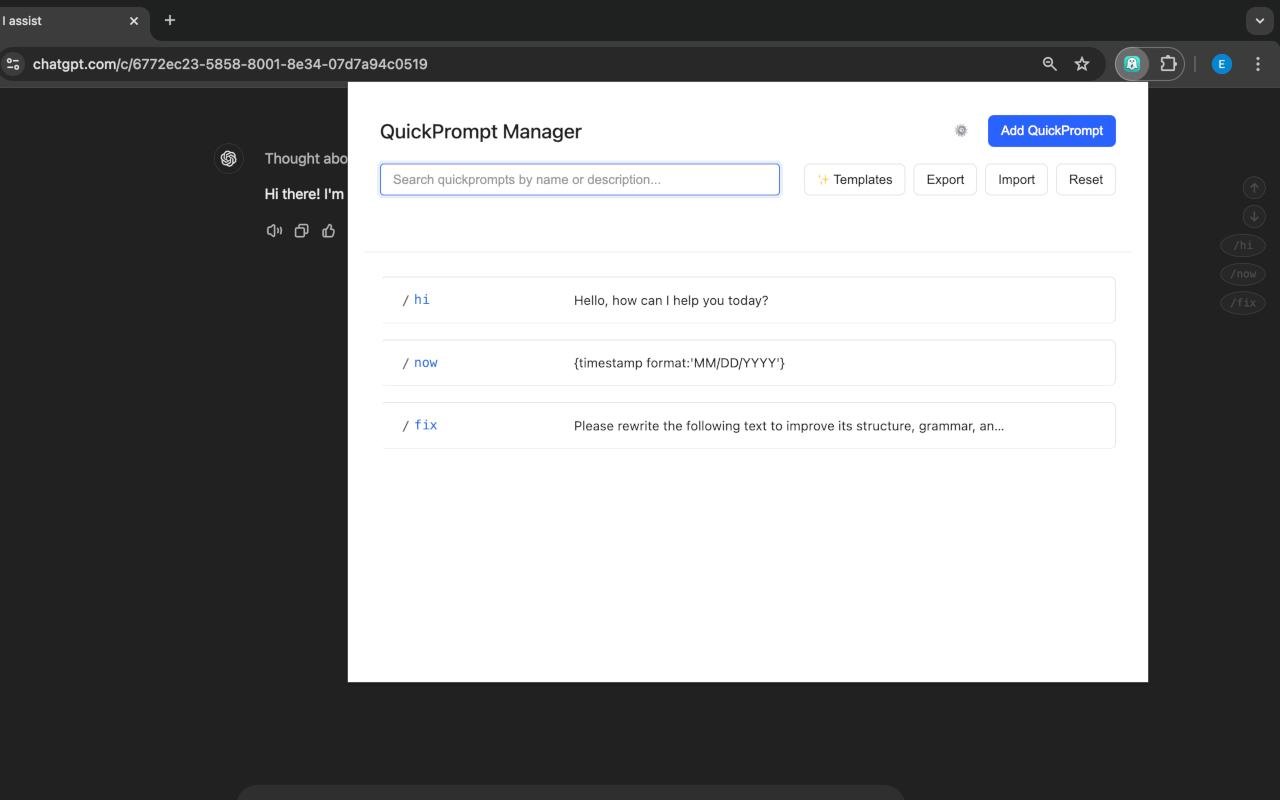 Quick Prompt Manager Interface